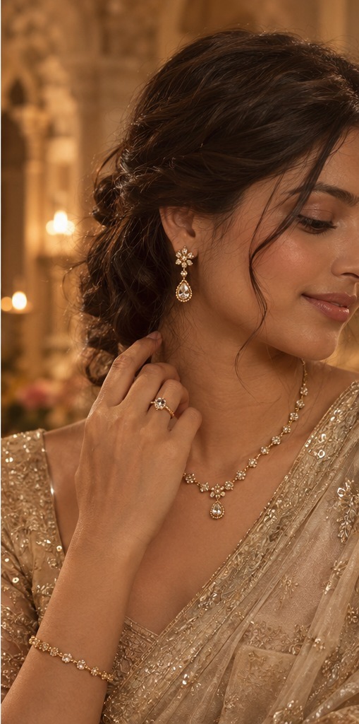 Portrait showcasing gold-tone earrings and a delicate necklace from the TAVISH edit
