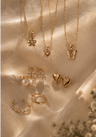 Gold-tone Korean-inspired necklaces, pearl earrings and delicate rings styled on champagne satin